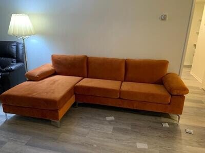 Orange Velvet - Modern Sectional Sofa Couch - arrives very quickly