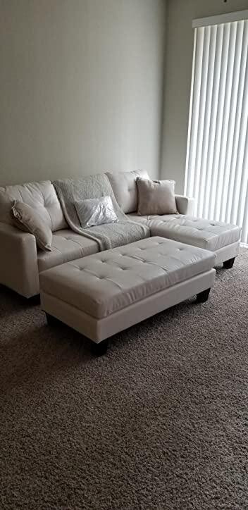 Tufted Faux Leather Sectional Sofa Couch Set w/ Chaise Lounge, Ottoman Bench - White