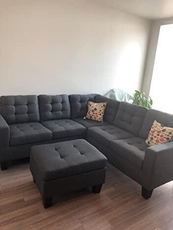 Linen Like 4 Piece Sectional with Ottoman Set Blue Grey