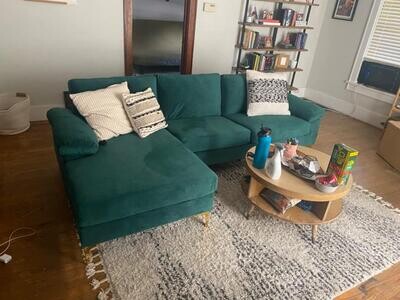 Green Modern Velvet Sectional Sofa Couch - Arrives Quickly - New