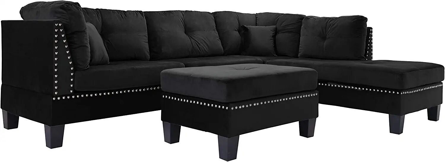 Velvet Black with Nailhead Trim Sectional with Ottoman