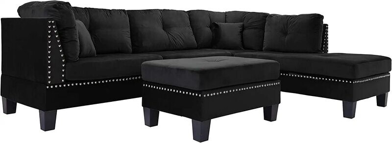 Velvet Black with Nailhead Trim Sectional with Ottoman