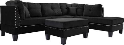 Velvet Black with Nailhead Trim Sectional with Ottoman