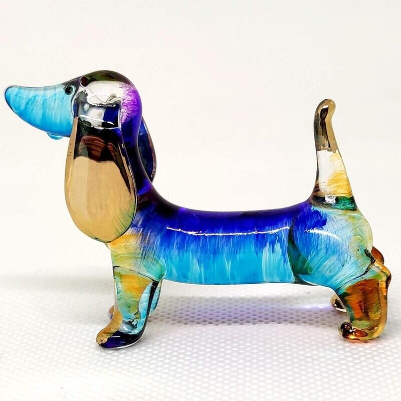 Dachshund Miniature Figurines Hand Blown Glass Art Gold Trim (Blue Orange)