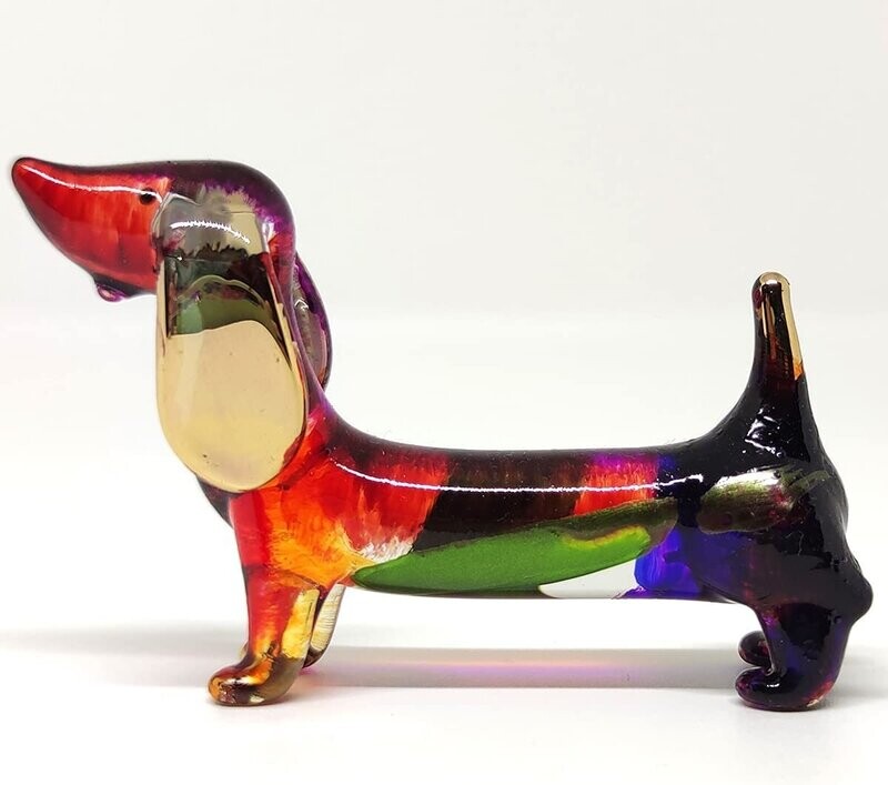 Dachshund Miniature Figurines Hand Blown Glass Art Gold Trim