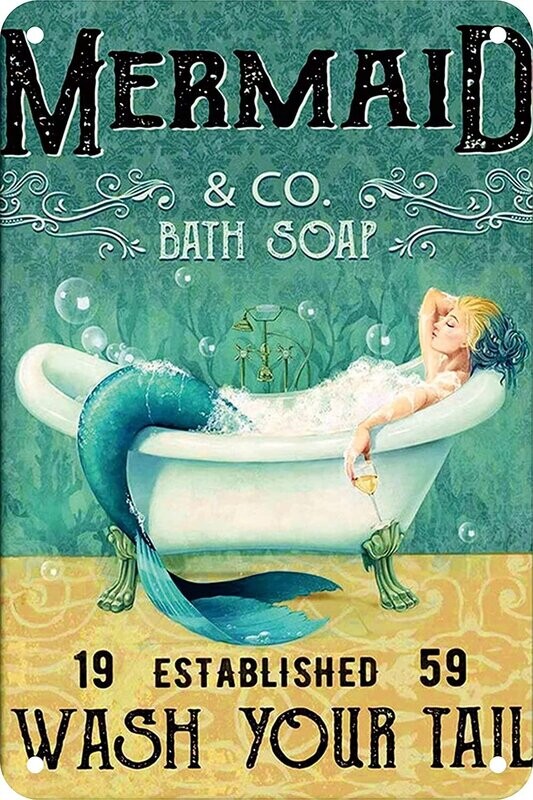 Mermaid Decor Gifts Funny Bathroom Decor Wall Art Coffee Bar Vintage Metal Tin Sign