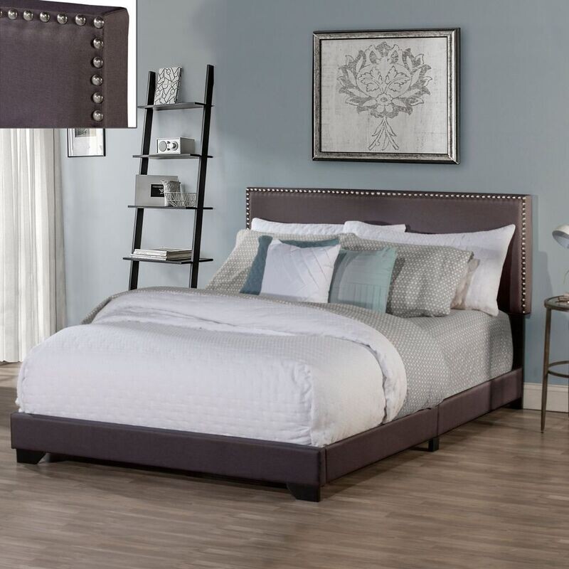 Queen Size Upholstered Bed Frame With Wood Slat Platform Headboard Nailhead Trim