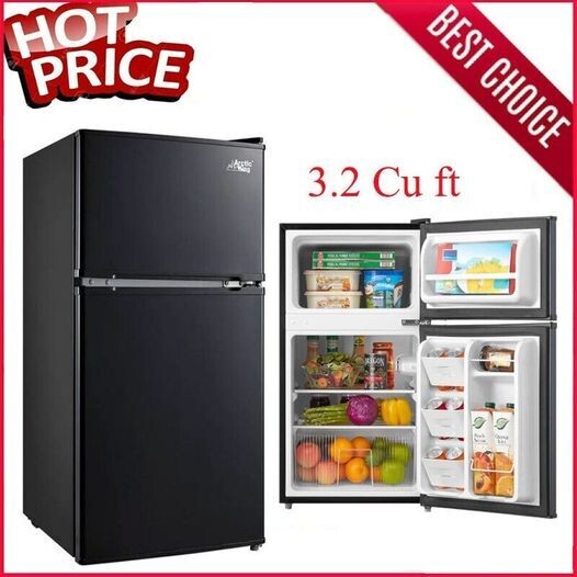 Black Two Door Mini Fridge W/ Freezer 3.2 Cu Ft Dorm Office Compact Refrigerator