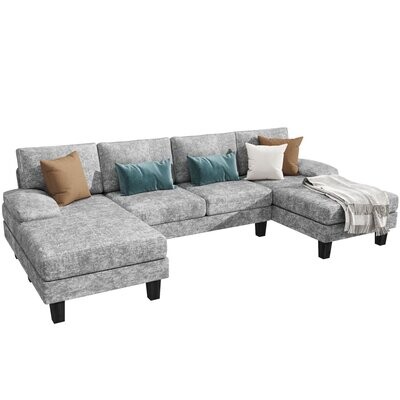 Modern U-Shape Sectional Sofa, Chenille Fabric Modular Couch, 4 Seat Oversized Sofa with Chaise for Living Room, Gray