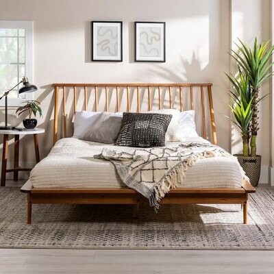Queen Size Bed Mid Century Modern Farm Solid Wood Platform W Spindled Headboard