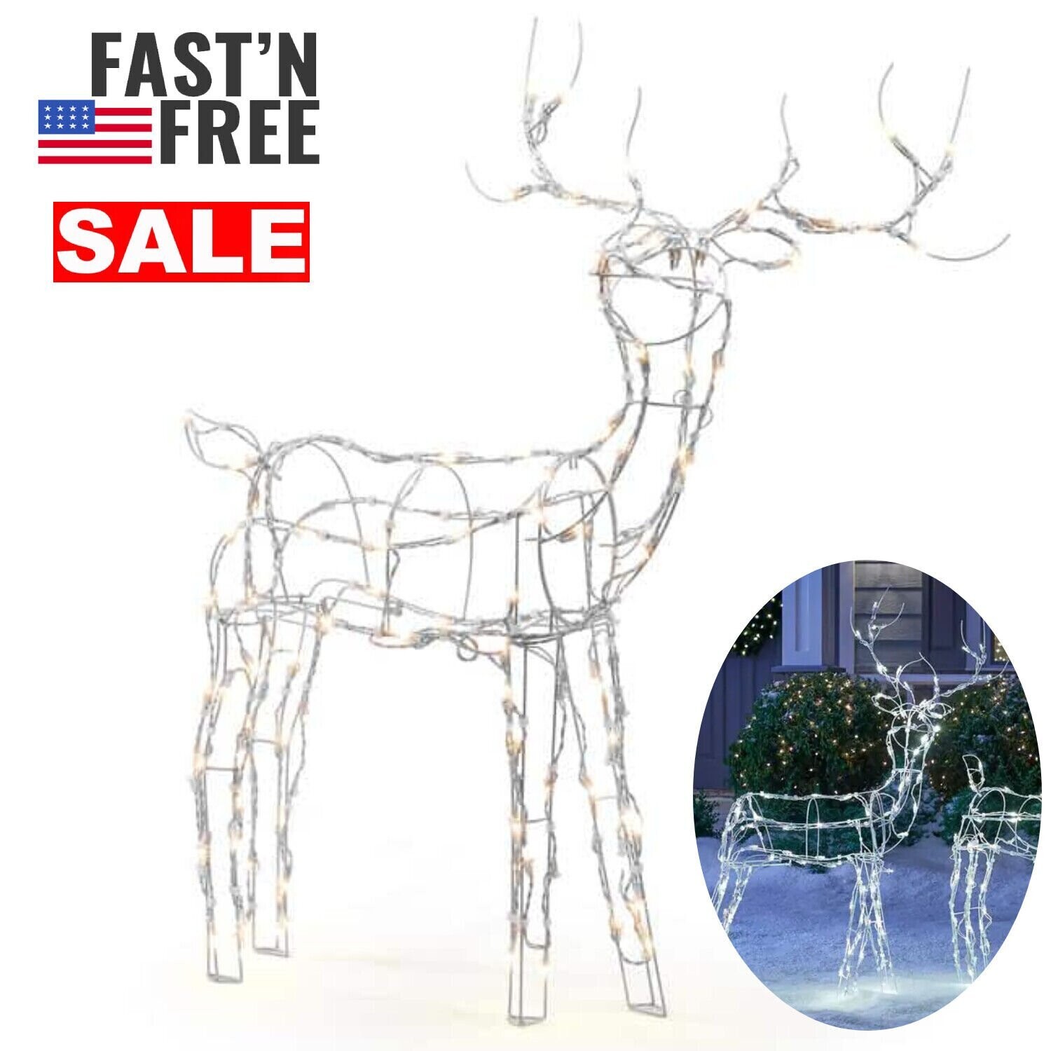 4 ft Warm White LED White Wire Buck Outdoor Yard Christmas Decorations Clearance