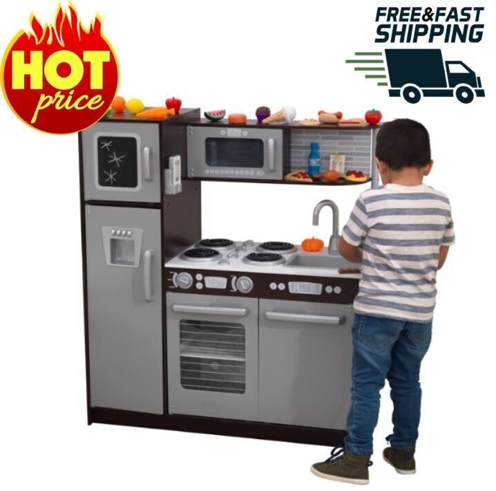 Uptown Espresso Wooden Kids Play Kitchen and 30-Piece Play Food Accessories NEW