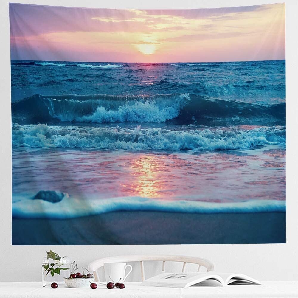 Ocean Tapestry Wall Hanging, Sea Beach Wave Sun Cloud Landscape Scenery Nature Wall Art 51x60, Blue