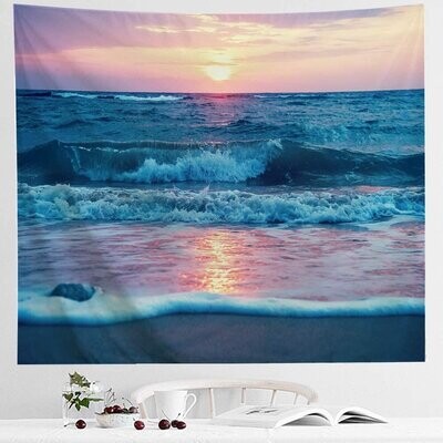Ocean Tapestry Wall Hanging, Sea Beach Wave Sun Cloud Landscape Scenery Nature Wall Art 51x60, Blue