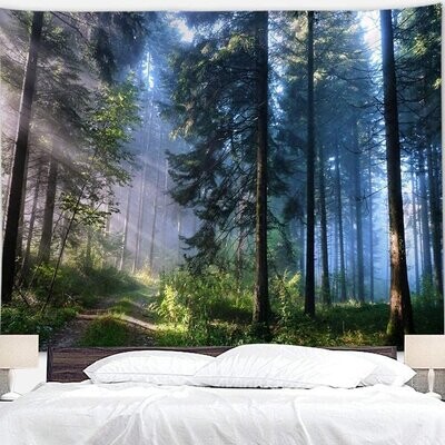 Misty Forest Tapestry Wall Hanging Nature Landscape Tapestry Sunshine Through Tree Tapestries for Bedroom Living Room Dorm Decor(90.6&quot;×59.1&quot;)