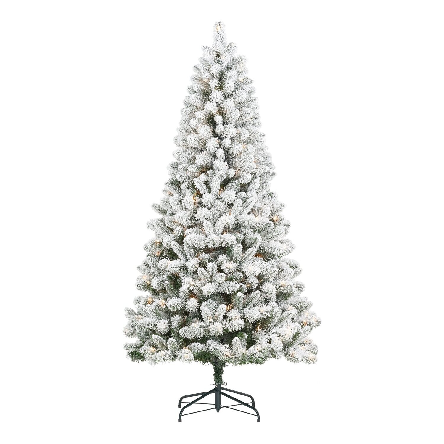 6.5ft Pre-Lit Flocked Frisco Pine Christmas Tree, Green, 6.5&#39;, Clear