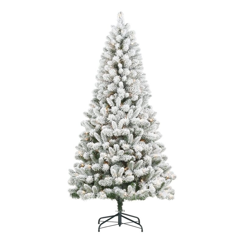 6.5ft Pre-Lit Flocked Frisco Pine Christmas Tree, Green, 6.5&#39;, Clear