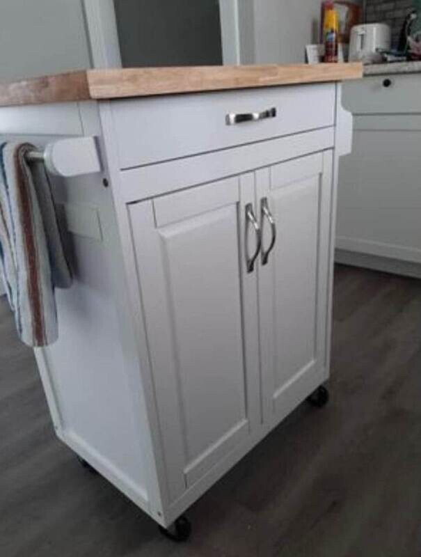 Rolling Kitchen Island Cart With Drawer, Spice Rack, Towel Bar, Butcher Block Top, Storage, White