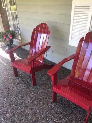 2 Red Adirondack Chairs, Outdoor, Wooden, Comfortable Seat, Curved Back, Weather Resistant