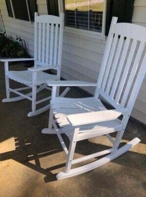 2 White Rocking Chairs, Outdoor, Porch, Wooden, Comfortable Seat, Curved Back, Weather Resistant
