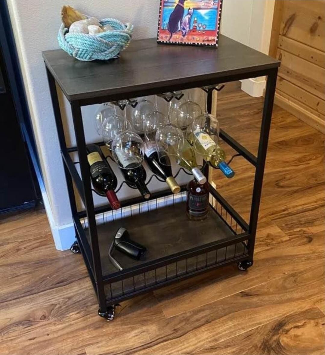 Bar Cart, Wine Cart With Wheels, Wine Rack Table, Kitchen Serving Cart, Dark Brown