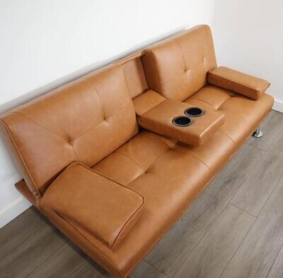 ~ Quick Ship ~ Convertible Sofa Bed Futon Faux Leather Modern Folding Couch Sofa 2 Cupholders, Brown