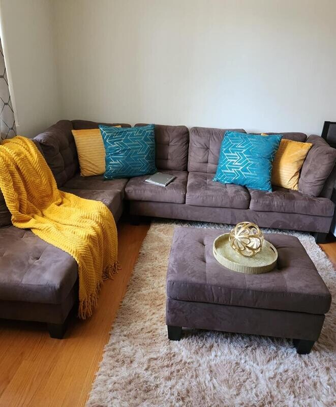 Best Seller, Home Condo Living Room Classic Sofa Chaise Couch Sectional with Ottoman, Brown