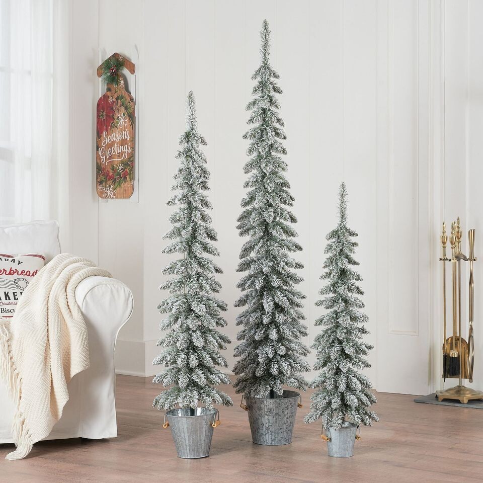 Christmas Holiday Trees Flocked Pine Tree Galvanized Pot Set of 3 3Ft/4Ft/5Ft