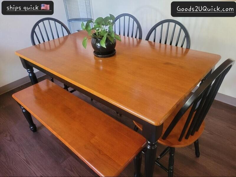 Solid Wood 6 Piece Dining Set, Farmhouse Bundle with 4 Chairs, 1 Bench &amp; 1 Table, Black and Oak