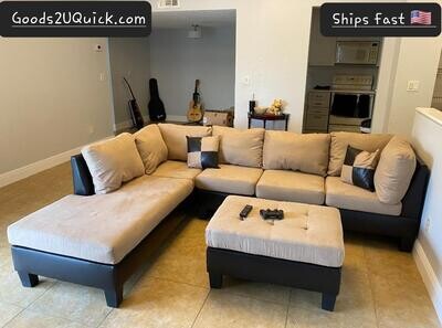 Modern Sectional Couch with Reversible Chaise Lounge and Ottoman Set, Light Beige New