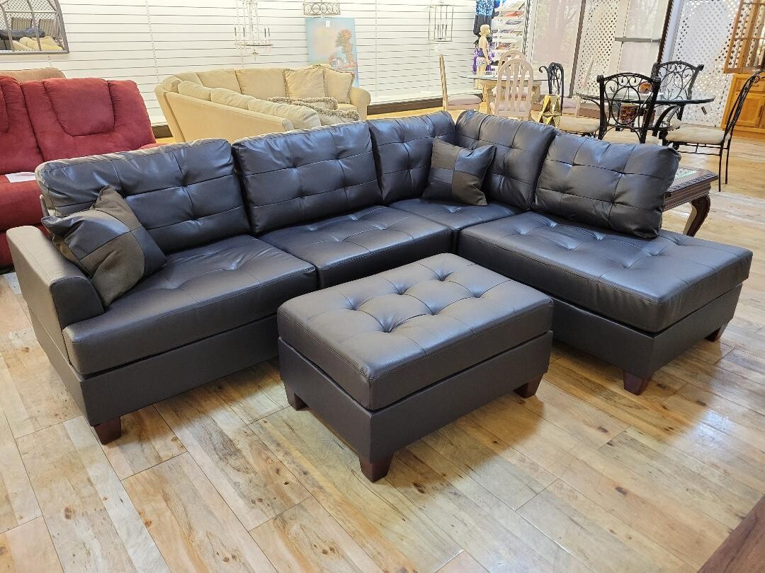 Upholstered Modern Button Tufted Espresso Faux Leather Sectional Sofa Couch Living Room