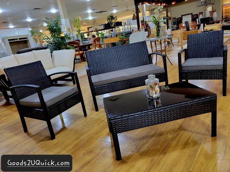 4PCS Outdoor Patio Rattan Furniture Set Cushioned Sofa Coffee Table Deck