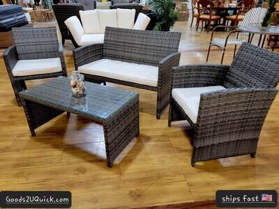 4PCS Patio Rattan Wicker Furniture Conversation Set Cushioned Sofa Table