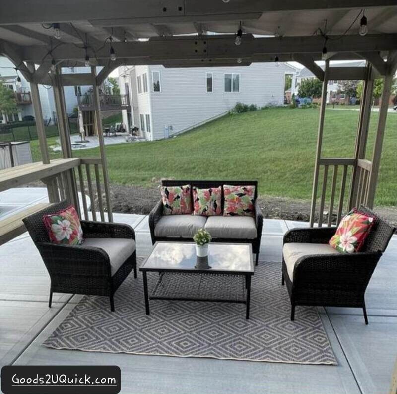 4-Piece Steel Outdoor Patio Wicker Conversation Set with Beige Cushions NEW