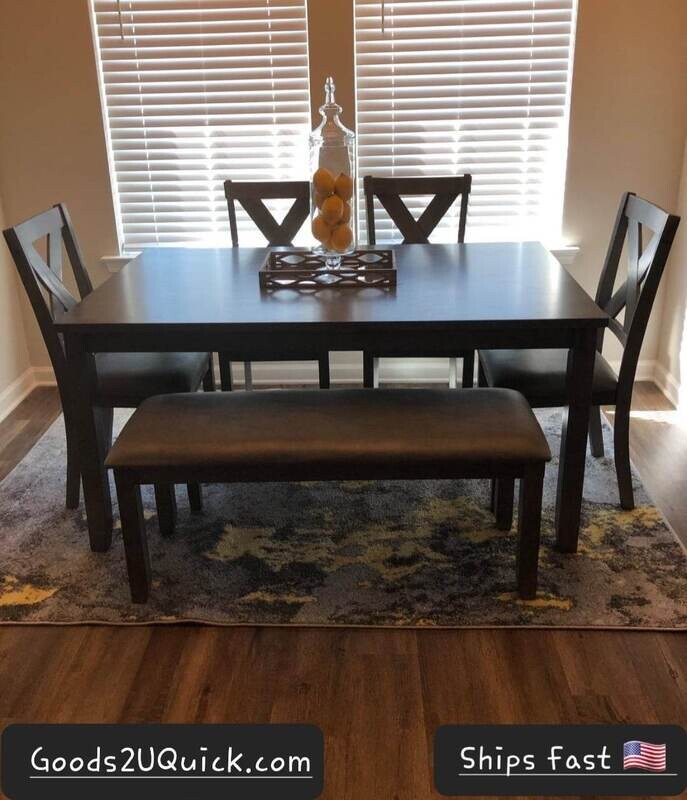 6 Piece Wood Rectangular Dining Table Set with 4 Chairs and Bench for 6 Persons