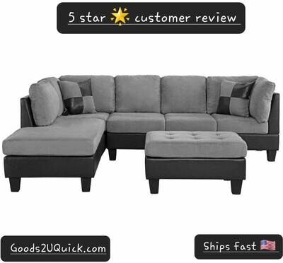 Grey Sectional Couch Microfiber and PU Leather Sofa L-Shape Couch with Ottoman