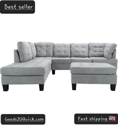 3 Piece Modern Reversible Sectional Sofa Couch with Chaise and Ottoman, Grey Sky