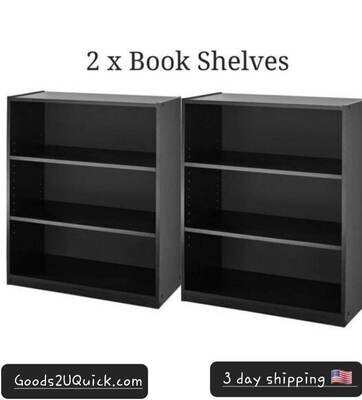 PACK 2 3-Shelf Wood Bookcase Wide Storage Book Adjustable Bookshelf BLACK Oak