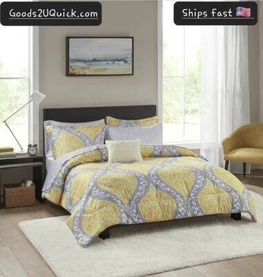 Grey and Yellow Stripe 8 Piece Bed in a Bag Comforter Set with Sheets