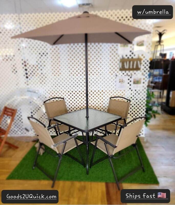 Patio Dining Set Outdoor 6 Piece Steel Frame Tempered Glass Table Top Tan New