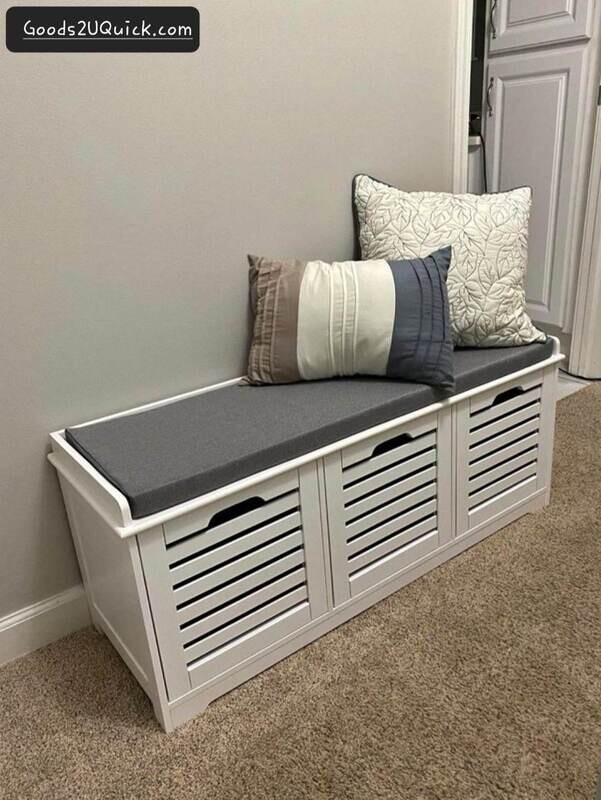White Storage Bench with 3 Drawers &amp; Padded Seat Cushion, Hallway Bench