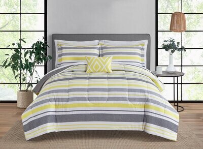 Grey and Yellow Stripe 8 Piece Bed in a Bag Comforter Set with Sheets, Queen