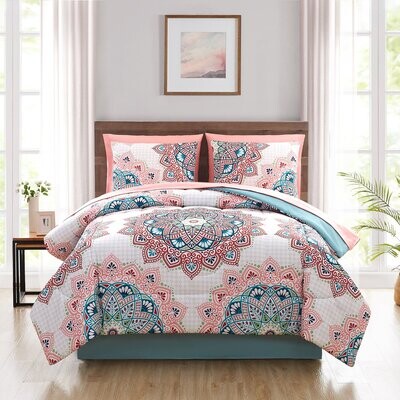 Pink and Teal Medallion 8 Piece Bed in a Bag Comforter Set with Sheets, Queen