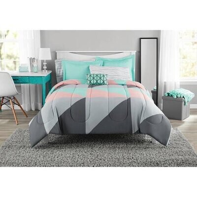 Gray and Teal Geometric 8 Piece Bed in a Bag Comforter Set With Sheets, Queen
