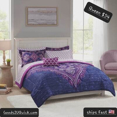 Purple Medallion 8 Piece Bed in a Bag Comforter Set With Sheets, Queen