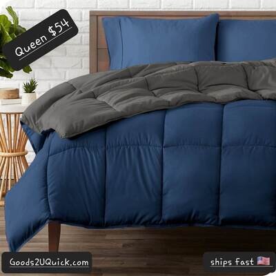 Bare Home Ultra Soft Reversible Comforter, Goose Down Alternative, Queen, Dark Blue/Gray