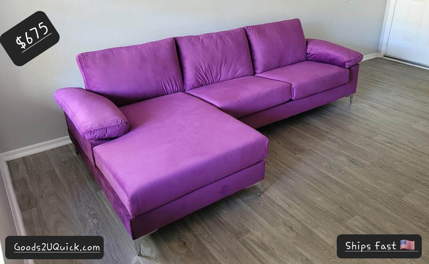 Modern Large Sectional Sofa L-Shape Couch with Silver Chrome Legs, Purple Sofa
