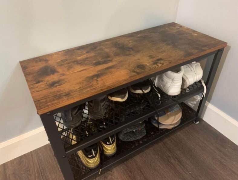 Shoe Bench With Two-Tier Mesh Shelves, Rustic Storage Bench, Industrial, 31.5”L x 11.8”W x 17.5”H
