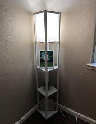 Tall Floor Lamp, Linen Shade, Storage Shelves, Organizer, White, 62.75”H