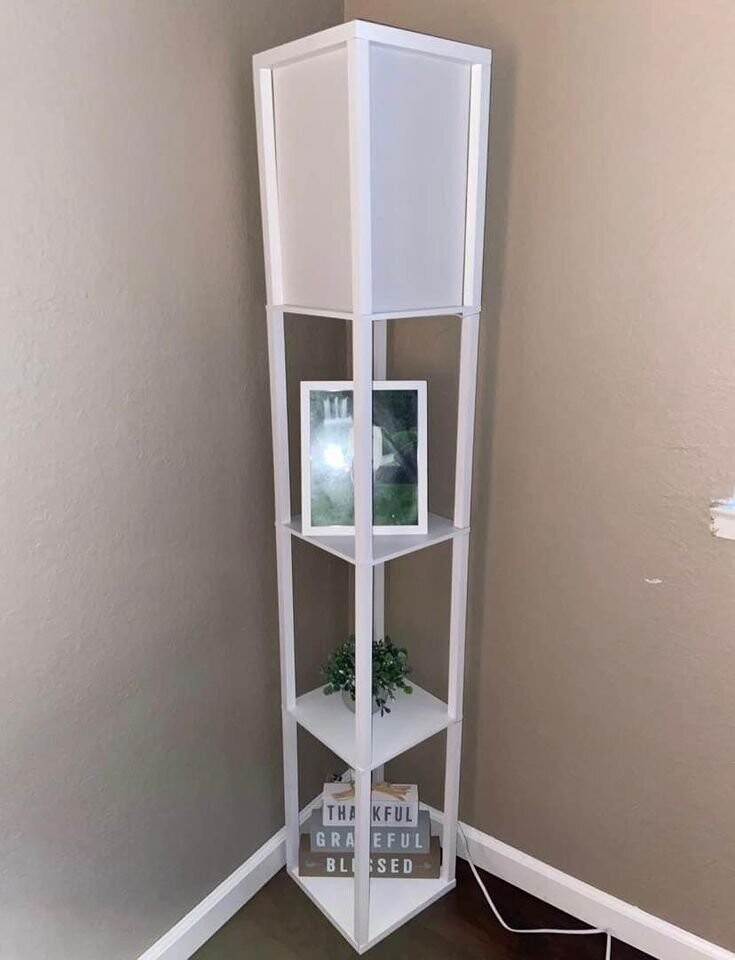 Tall Floor Lamp, Linen Shade, Storage Shelves, Organizer, White, 62.75”H
